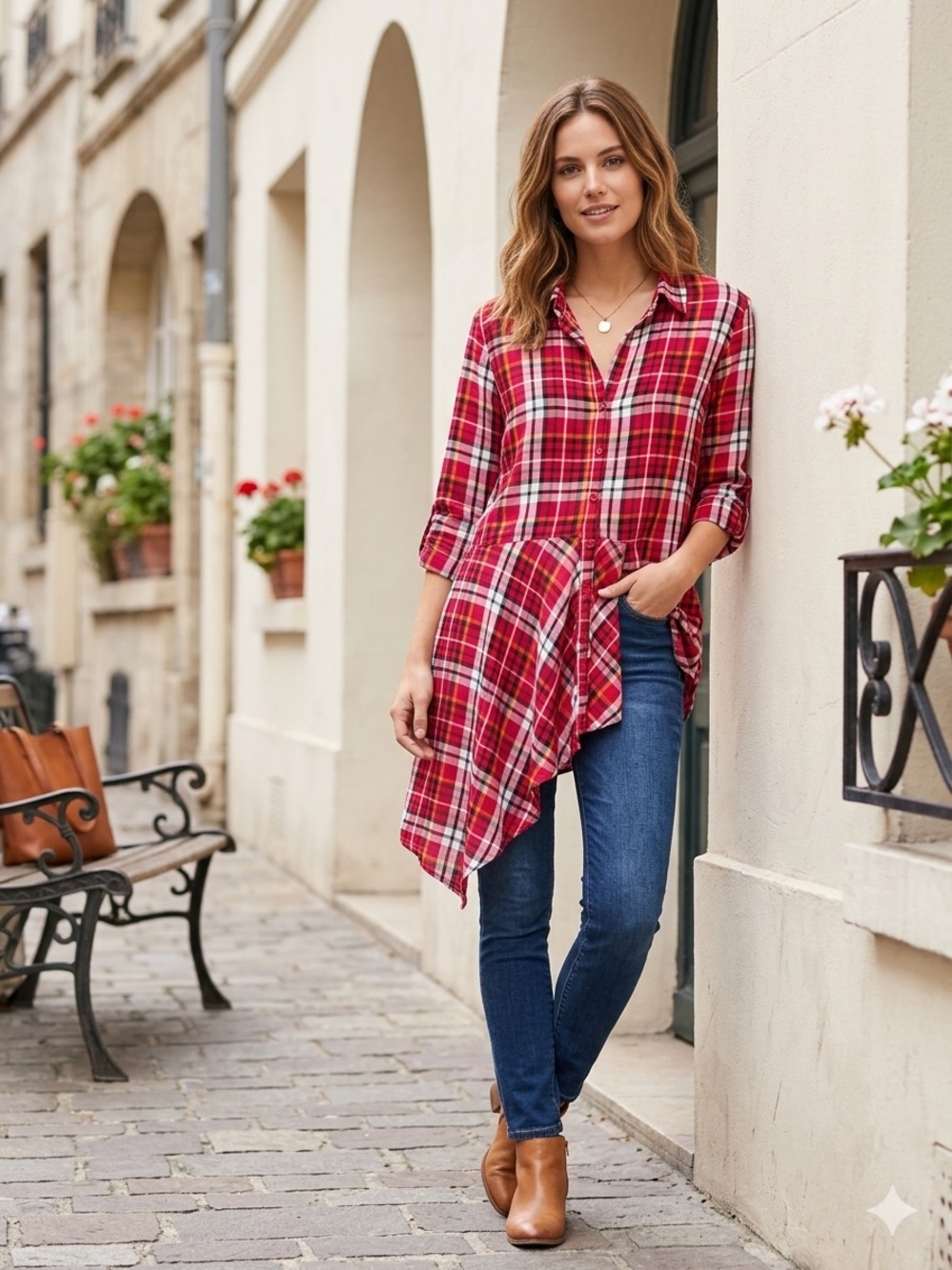 NY&Co SoHo Jeans Asymmetrical Plaid Tunic Shirt M